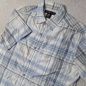 ExOfficio Button Up Shirt Mens Med Blue Plaid Hiking Fishing S/S Vented